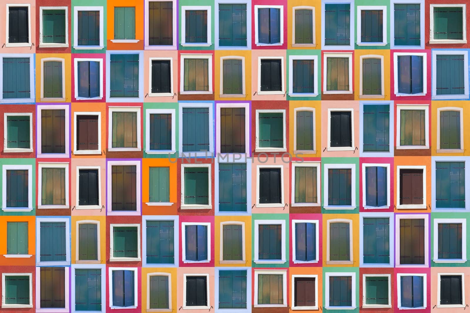 Set of 78 color windows of the island Burano (Venice, Italy)