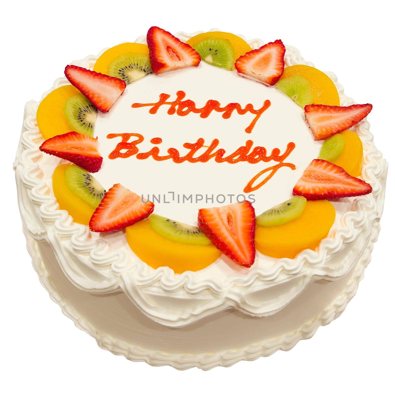 Happy Birthday Fresh Fruit Cake Isolated on White Background