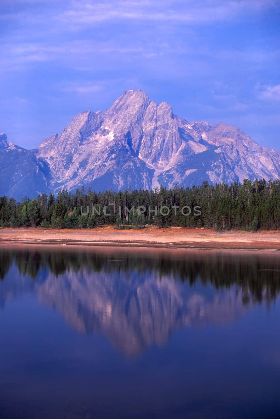 View of the Grand Teton over Jackson Lake in northwest Wyoming.