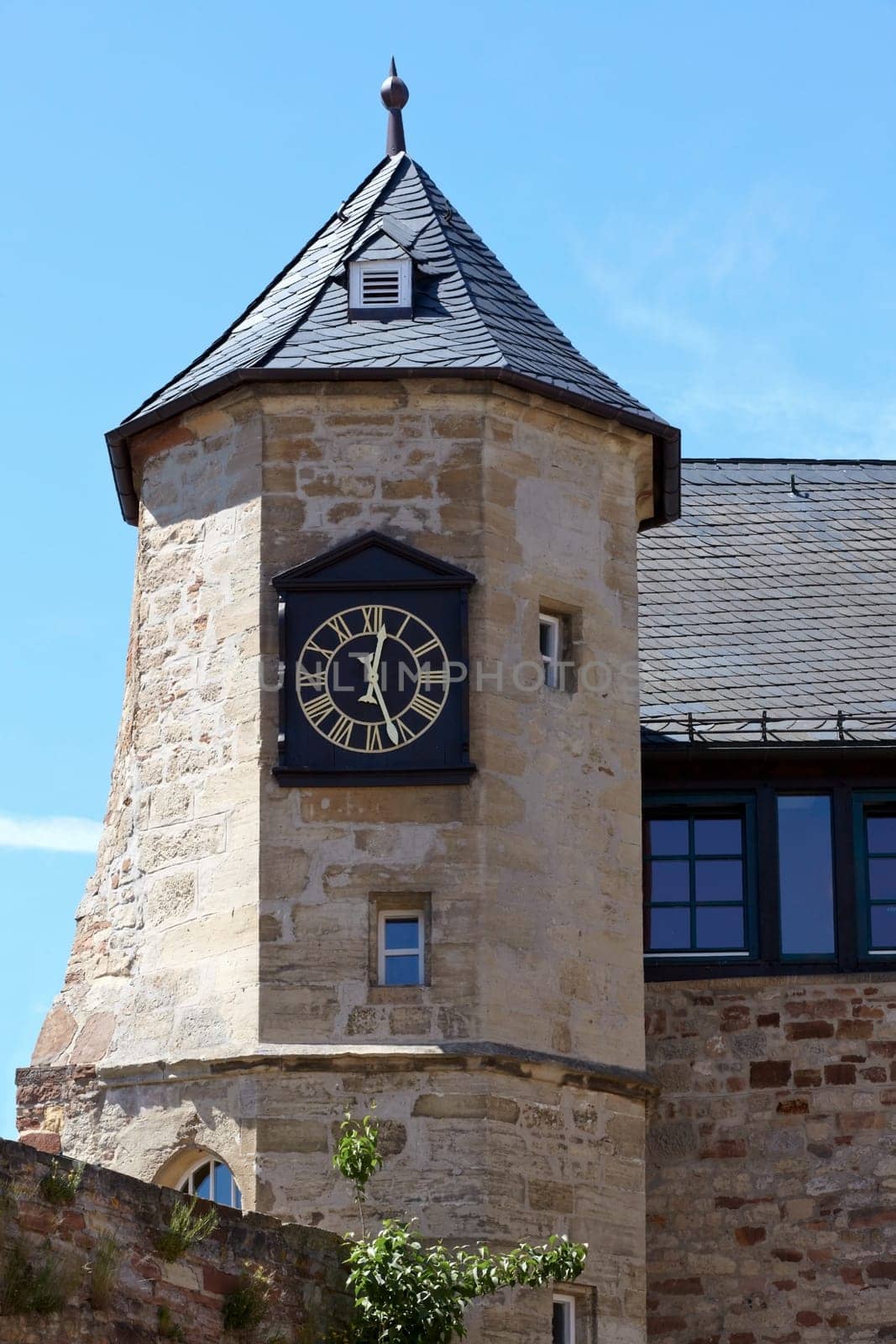 View of the tower clock from Waldeck Castle on Lake Edersee