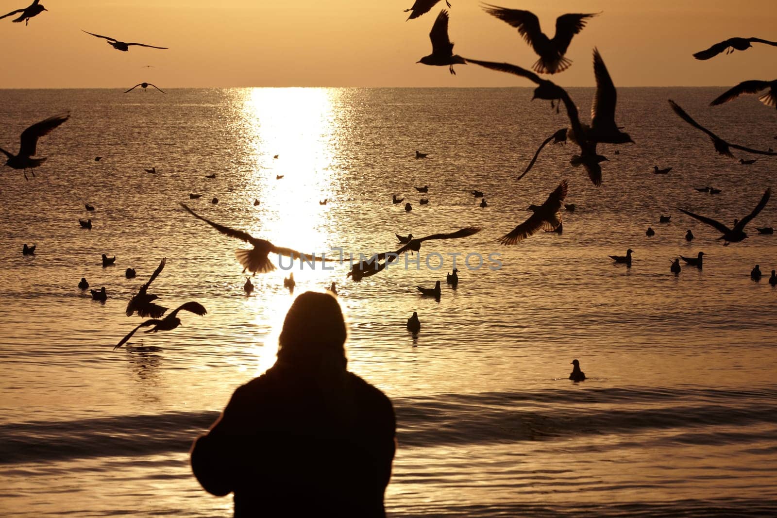 Shadow silhouette of a woman at sunrise on the German Baltic Sea coast