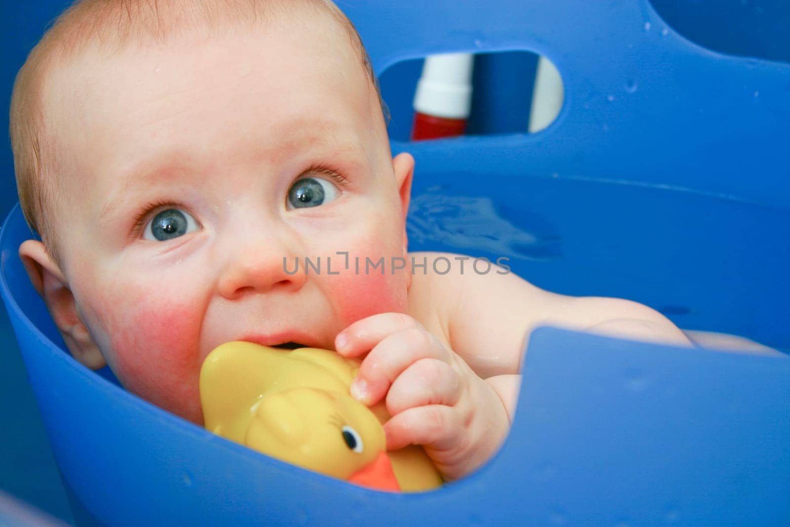 Baby bathes in a bucket of water