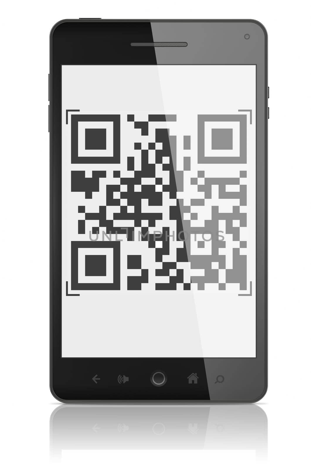 smartphone showing QR code scanner on the screen. Include clipping path for phone and screen.