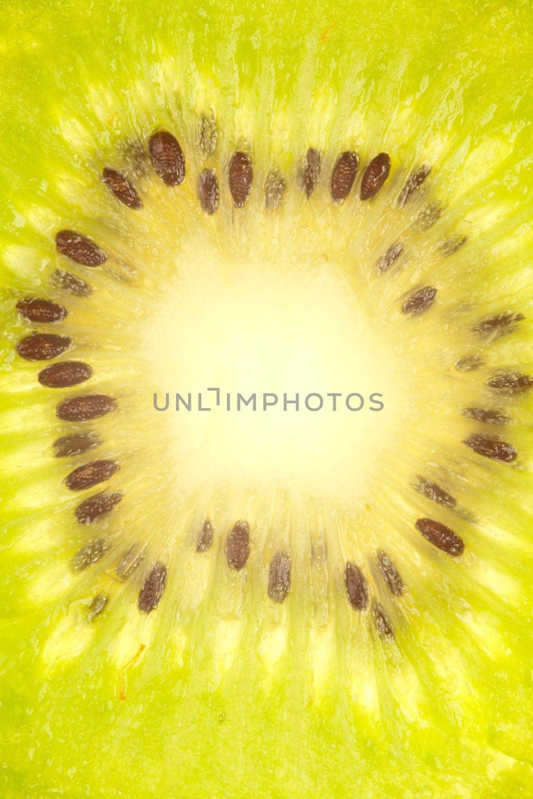 Macro shot of the middle section of a kiwi slice