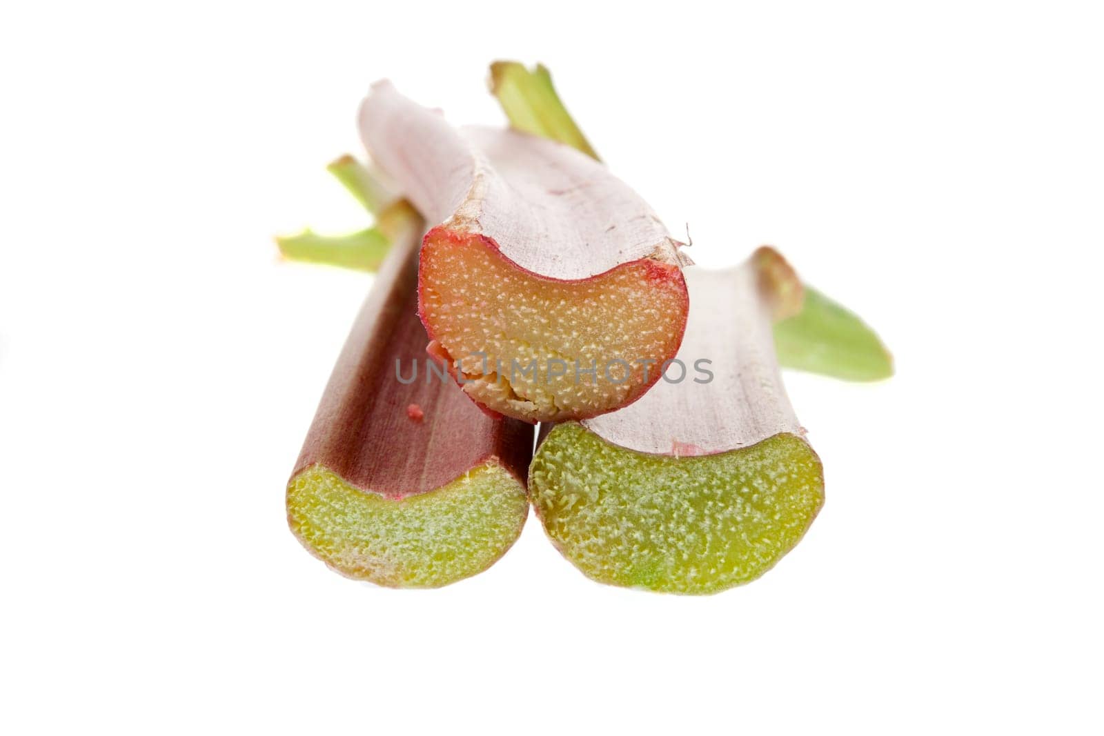 Rhubarb sticks against white background