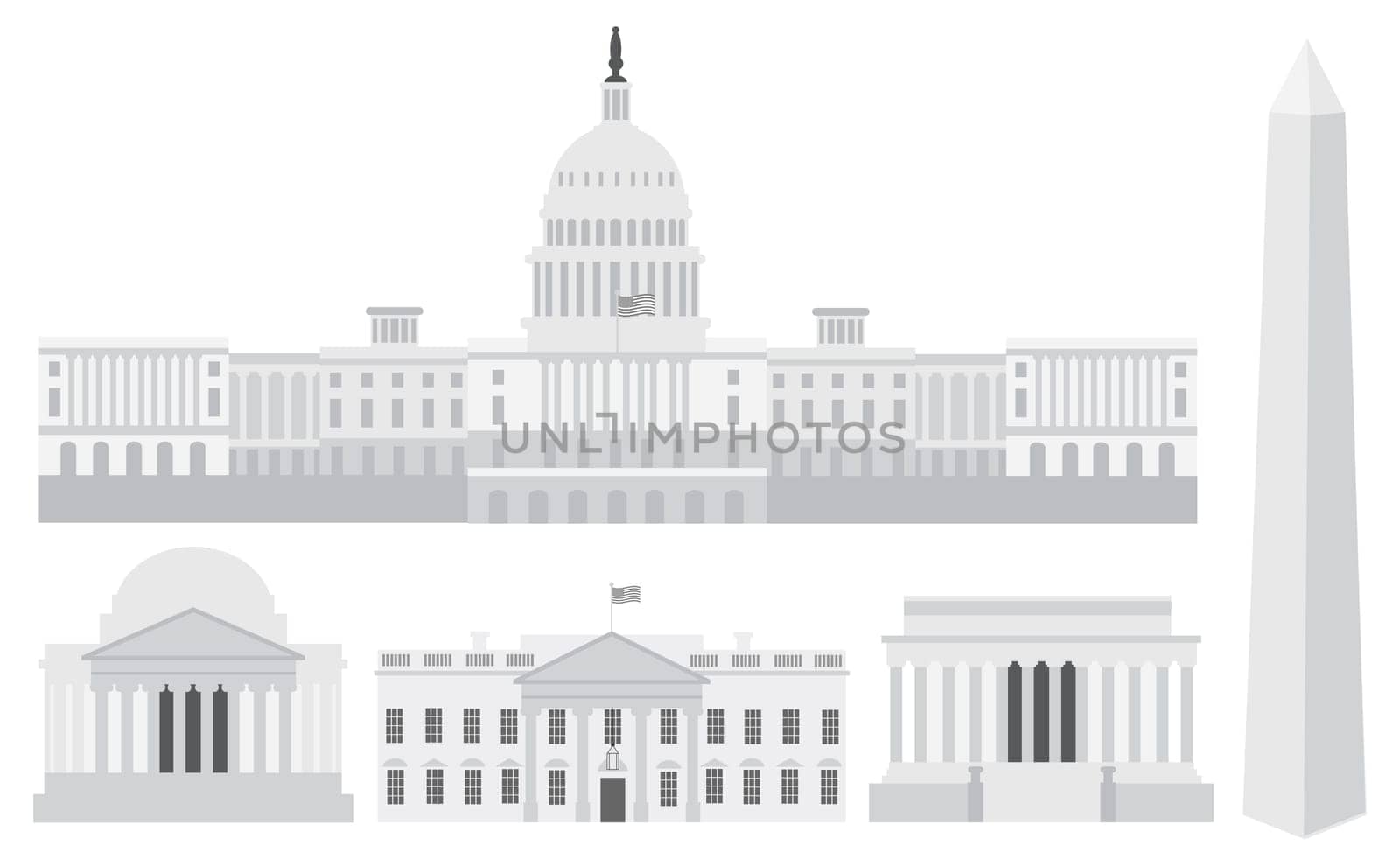 Washington DC US Capitol Building Monument Jefferson and Lincoln Memorial Illustration