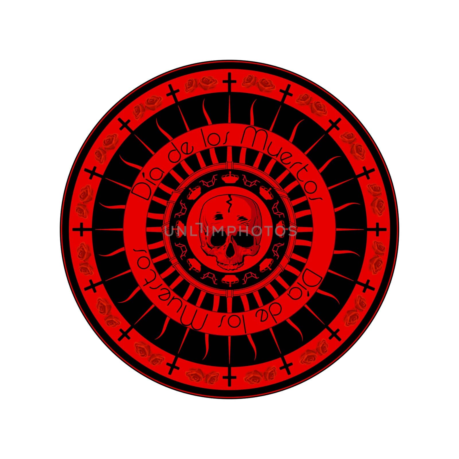 Decorative stamp for The Day of the Dead/ Dia de los Muertos Mexican holiday against white background.