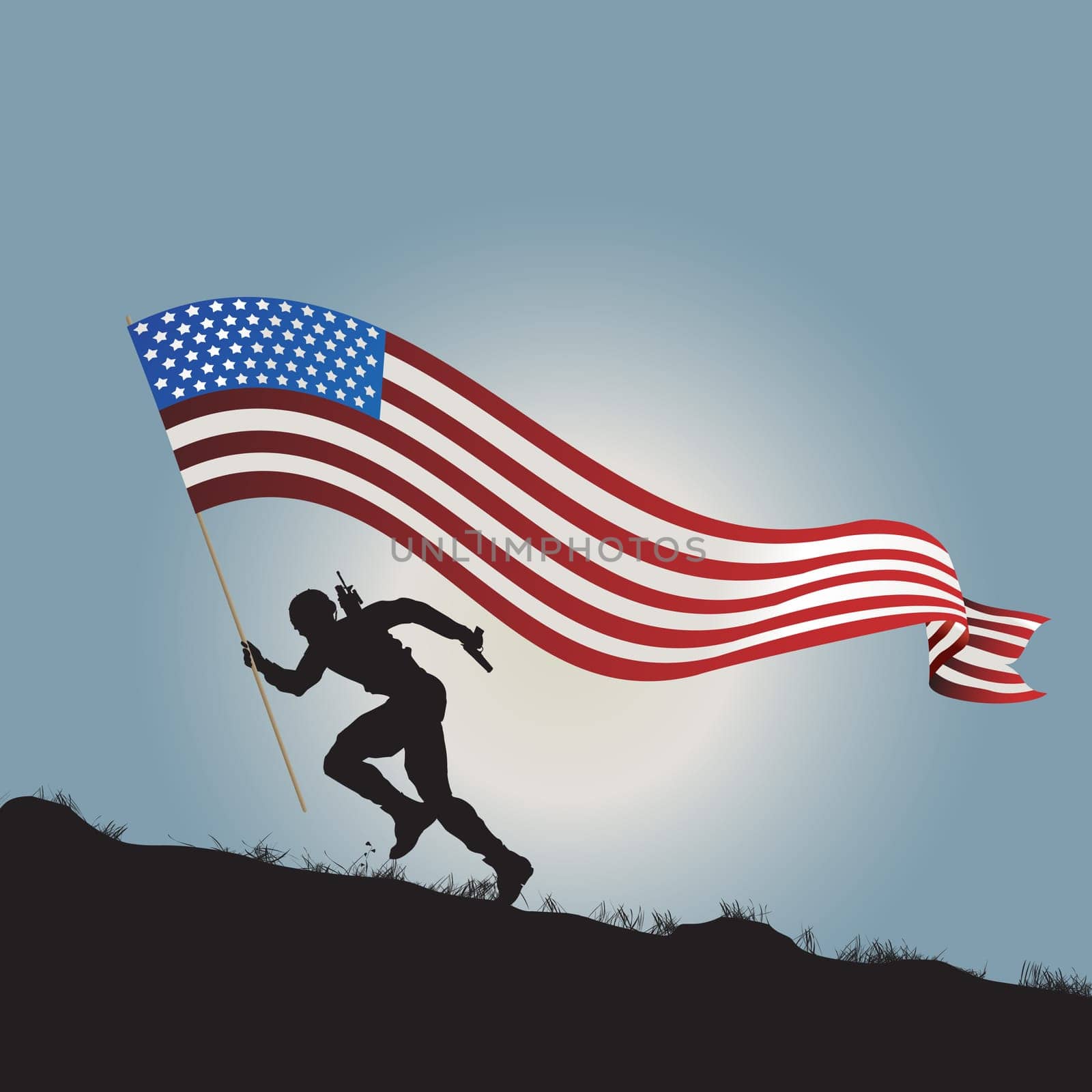 Running soldier silhouette with flag of United States of America.