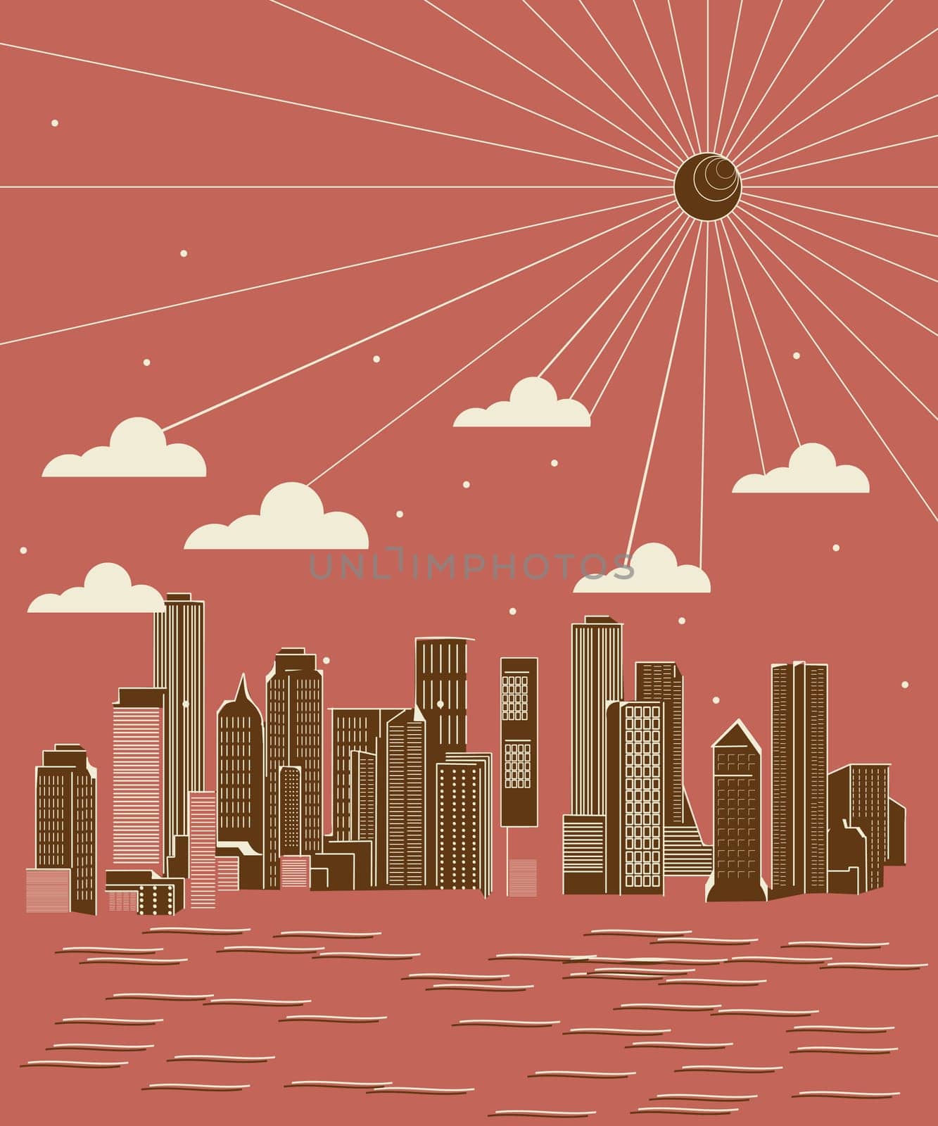Stylized city skyline in brush strokes, abstract art illustration.