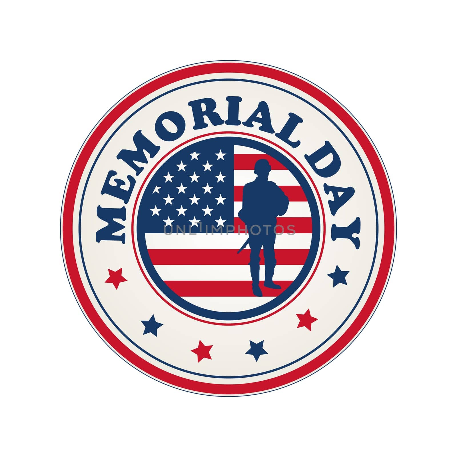 Memorial Day stamp with flag of USA and soldier silhouette over white background