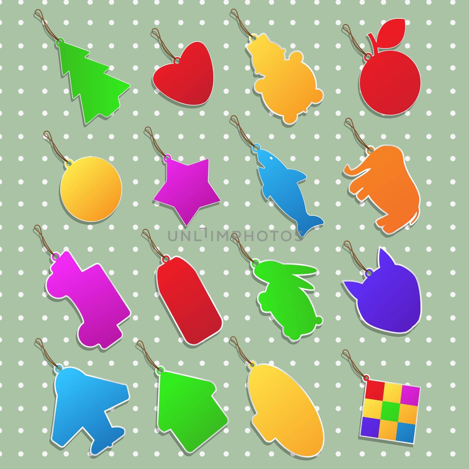 Collection of stickers in different shapes and colors.