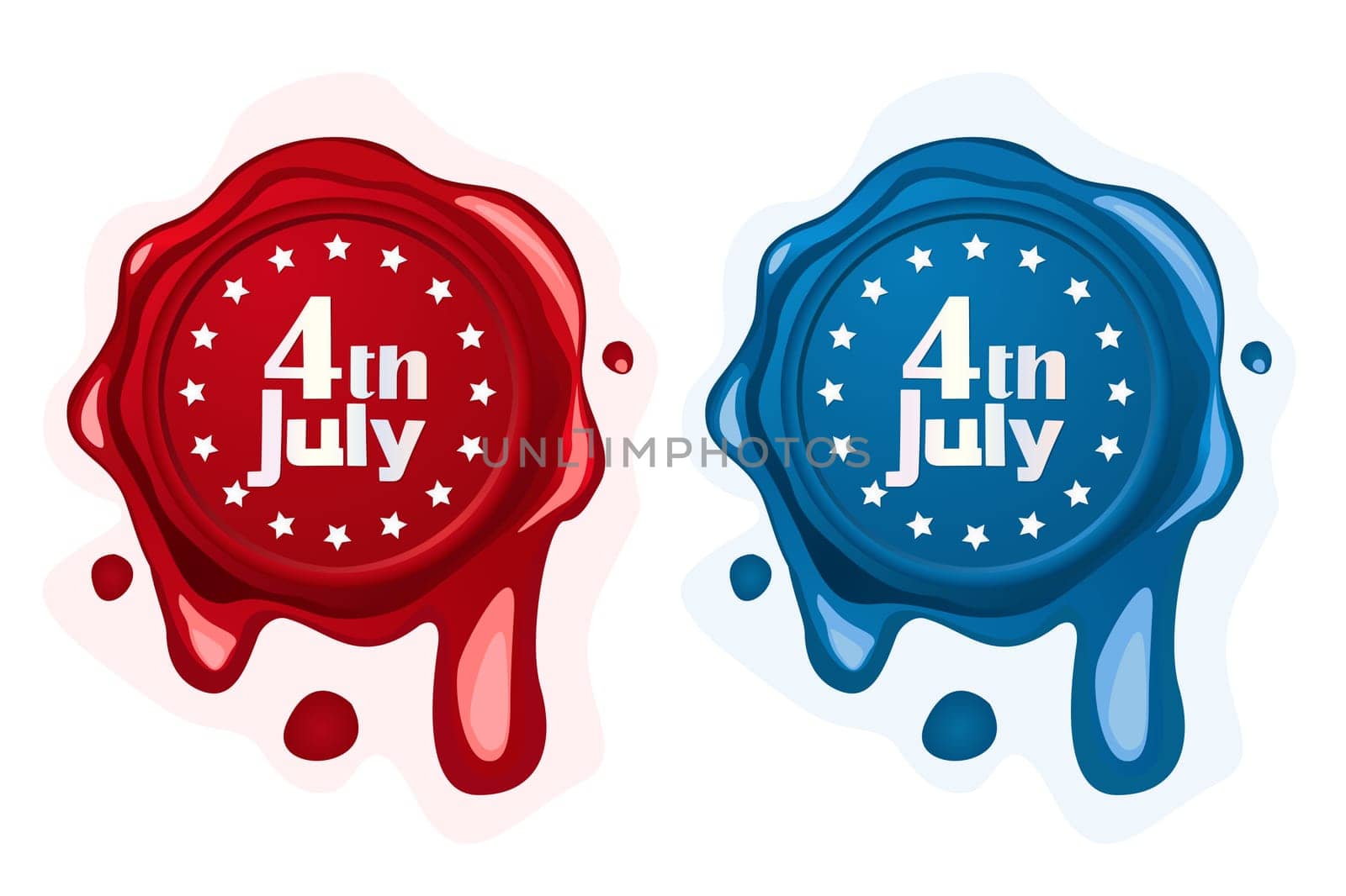 4th of July wax seals in red and blue tones over white background