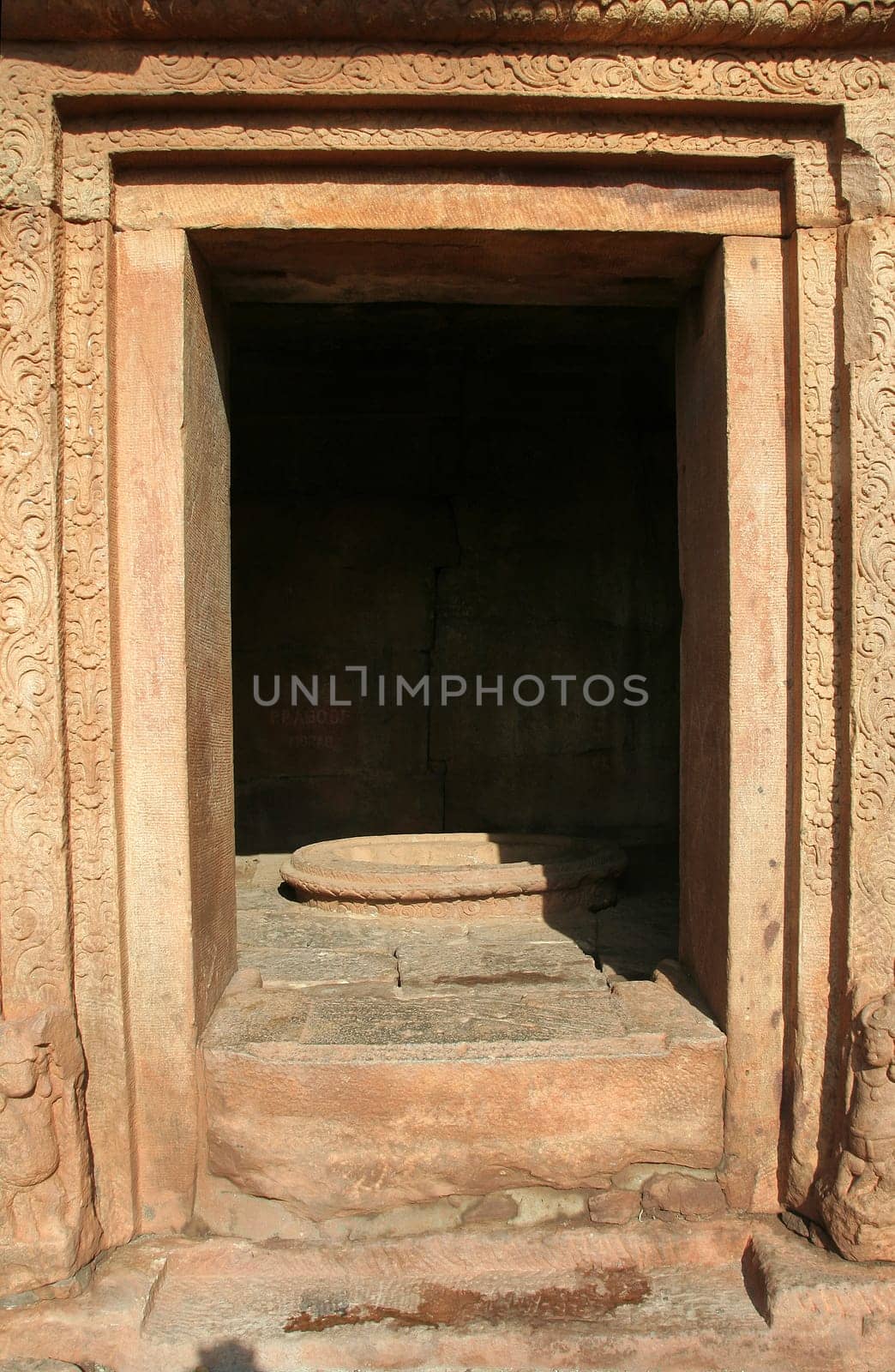 Red stone door of lower Shivalaya temple in Badami, Karnataka, India, Asia