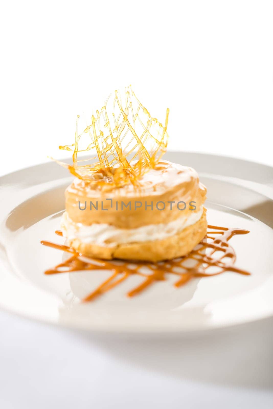 Delicious creamy dessert with caramel topping on isolated background