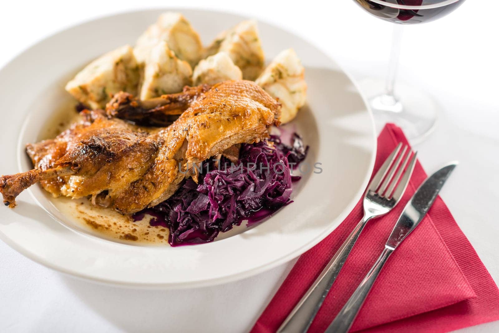 Roasted duck with red cabbage and dumpling isolated on white