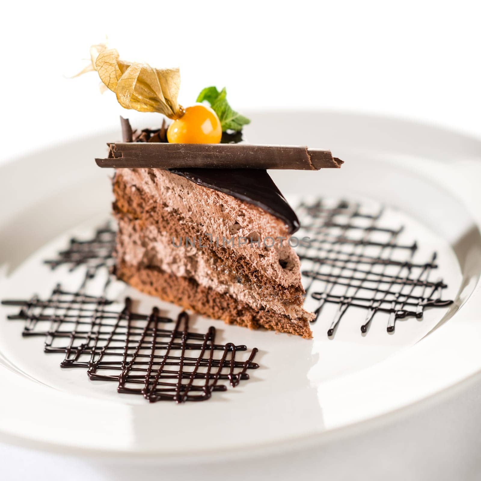Delicious chocolate cake with physalis on white plate and isolated
