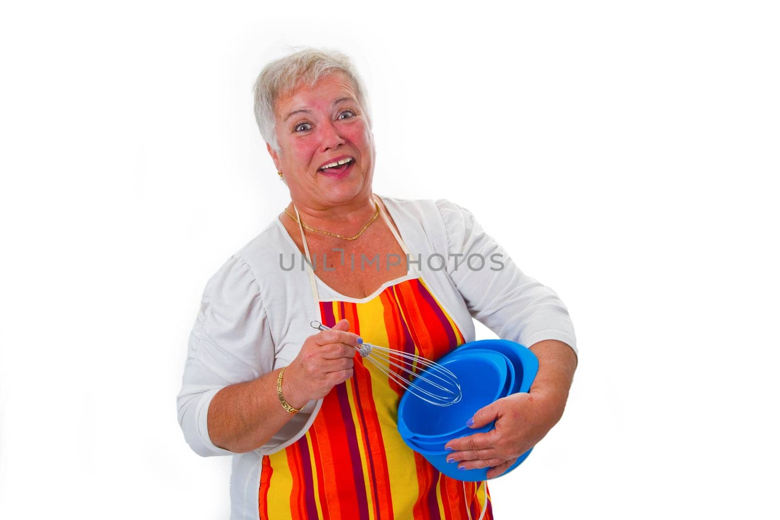 Senior woman with mixing bowls - isolated on white background