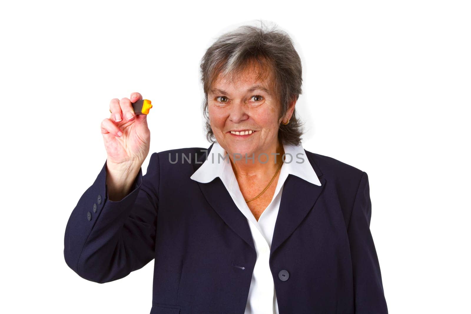 Senior woman writing - isolated on white background