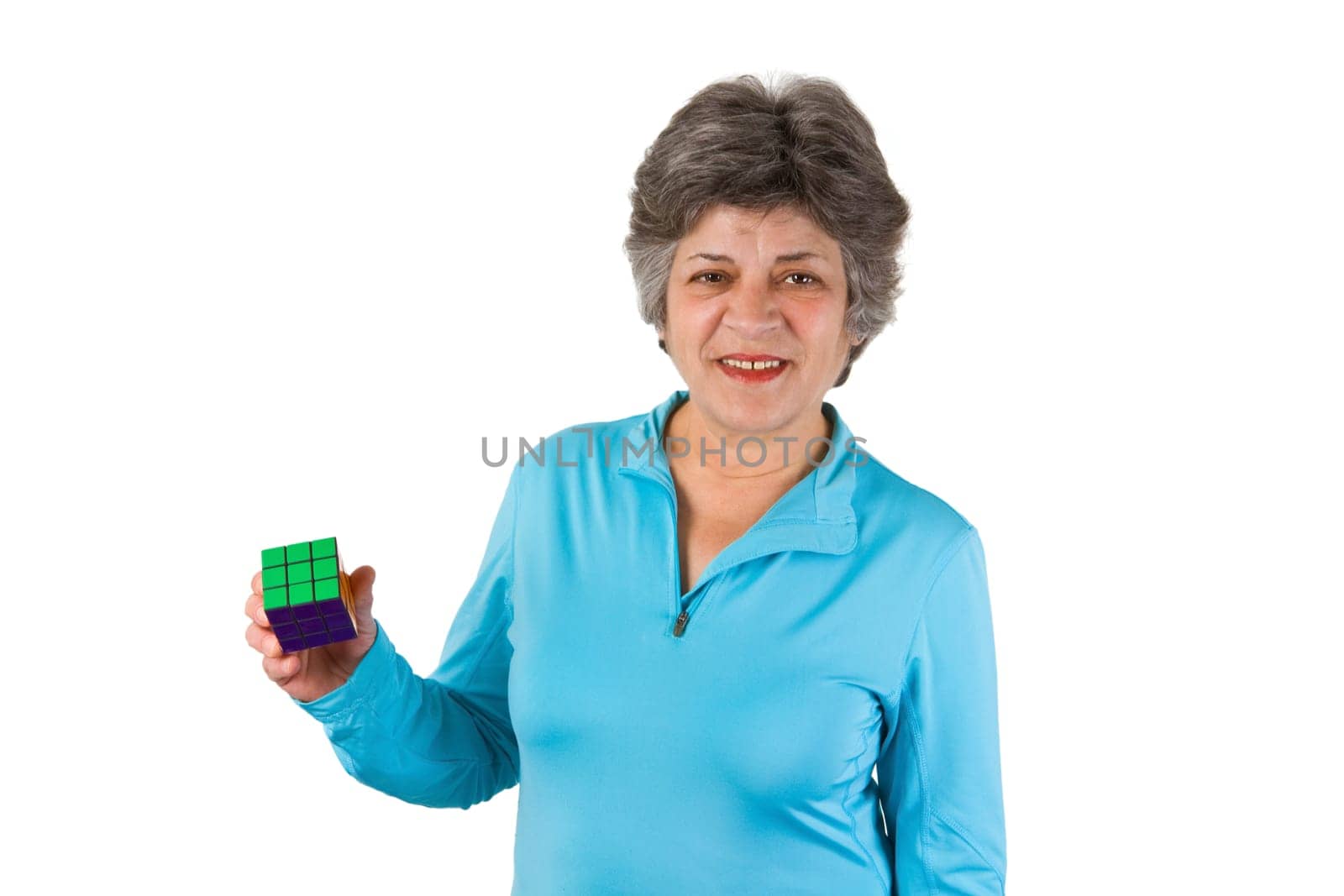 Senior woman with square cube - isolated on white background