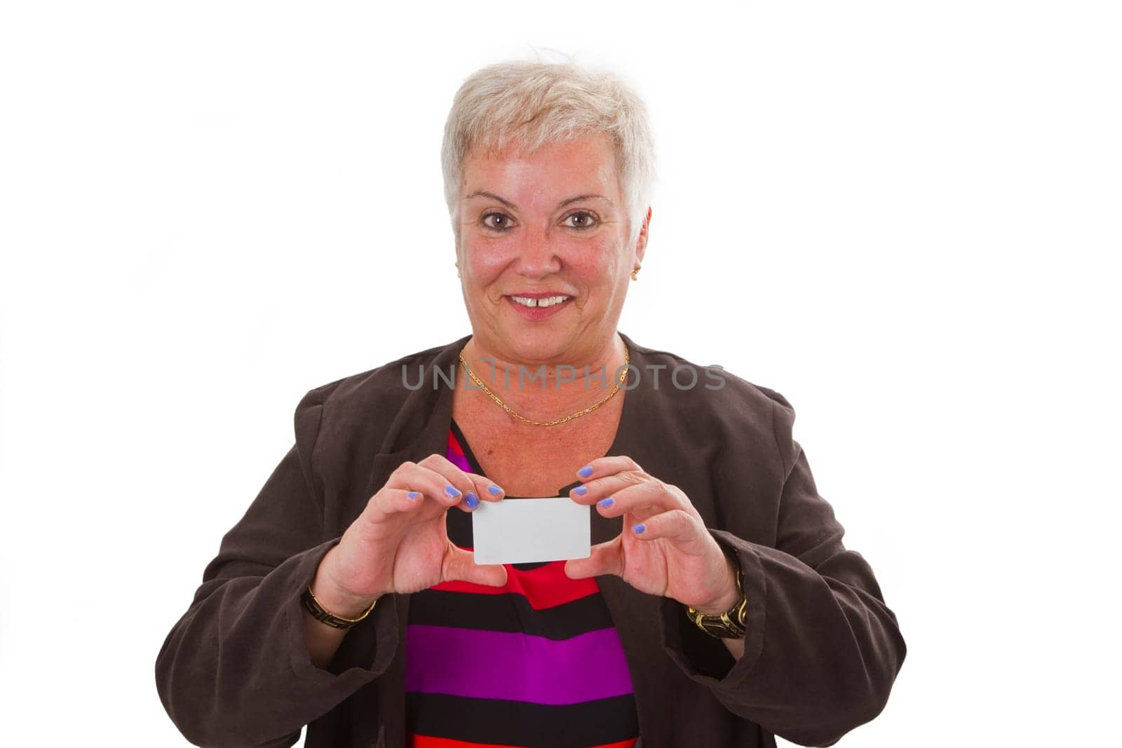 Friendly senior woman with business card - isolated on white background