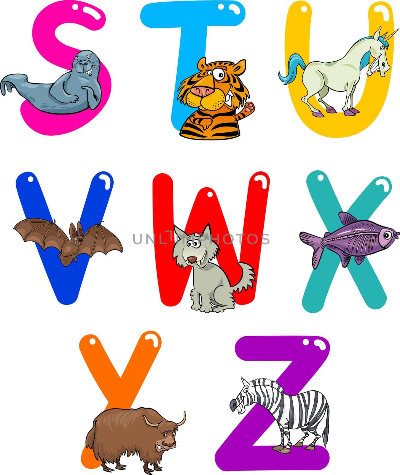 Cartoon Colorful Alphabet Set with Funny Animals
