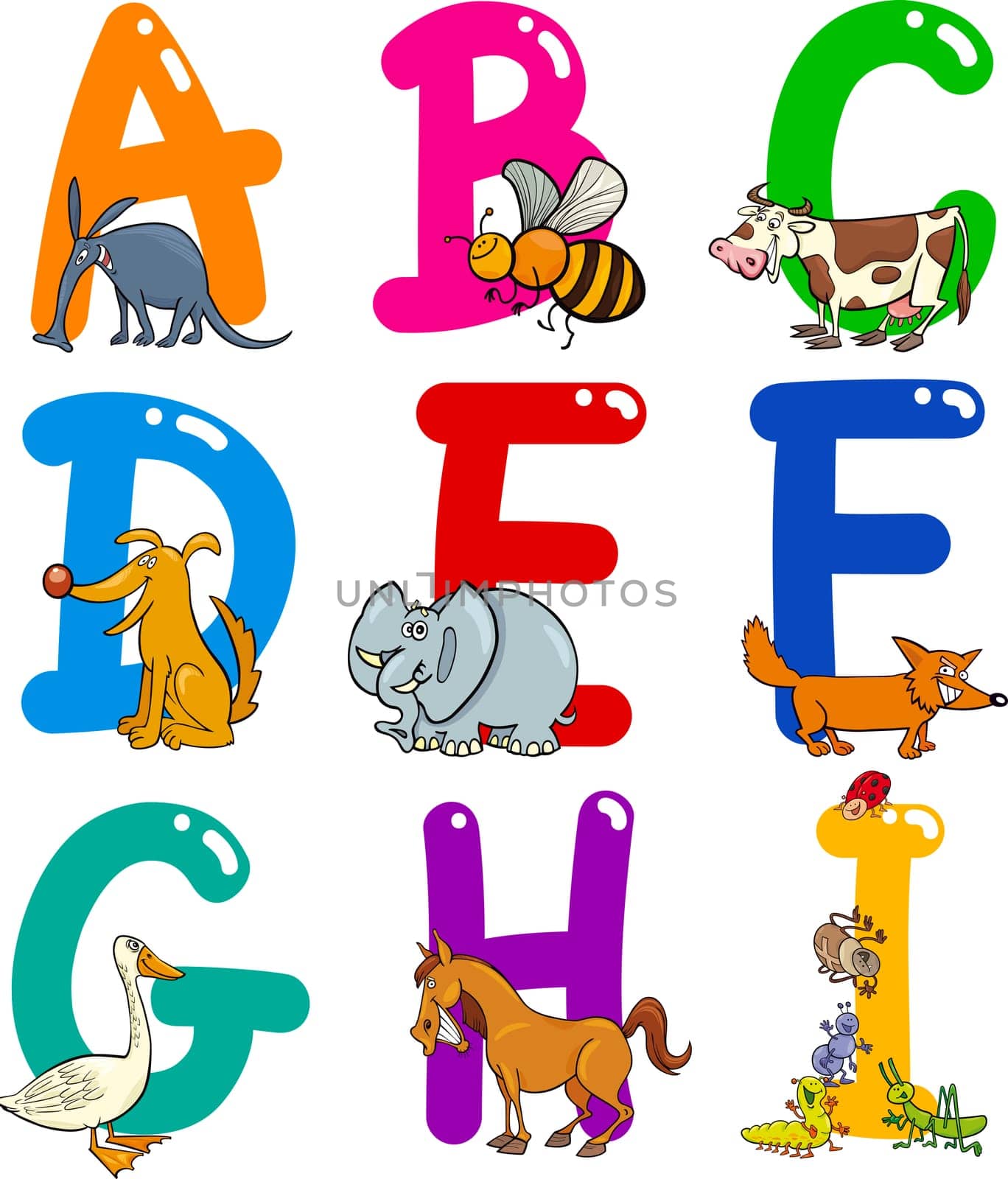 Cartoon Colorful Alphabet Set with Funny Animals