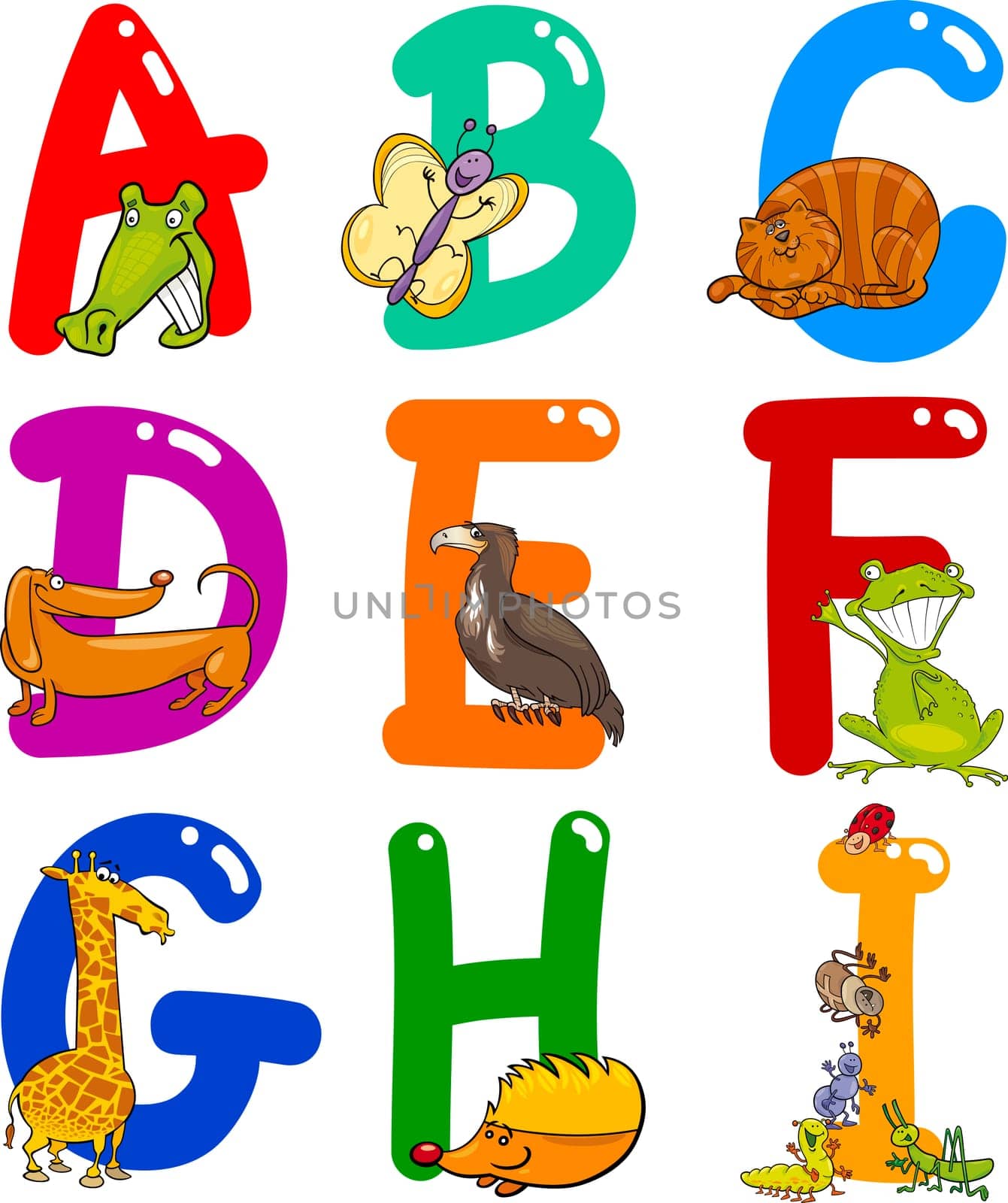 Cartoon Colorful Alphabet Set with Funny Animals