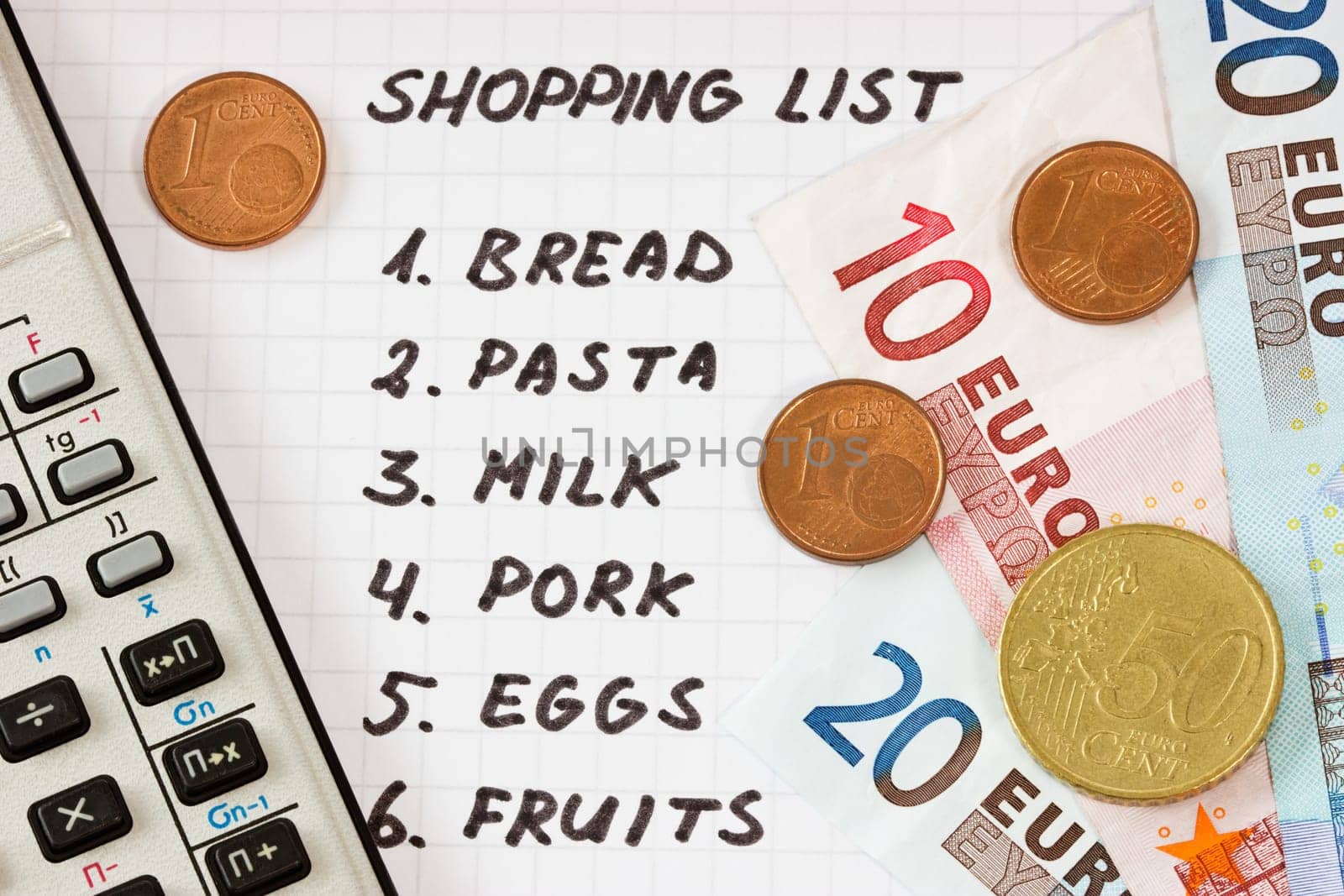 Calculator, Euro currency and handwritten shopping list