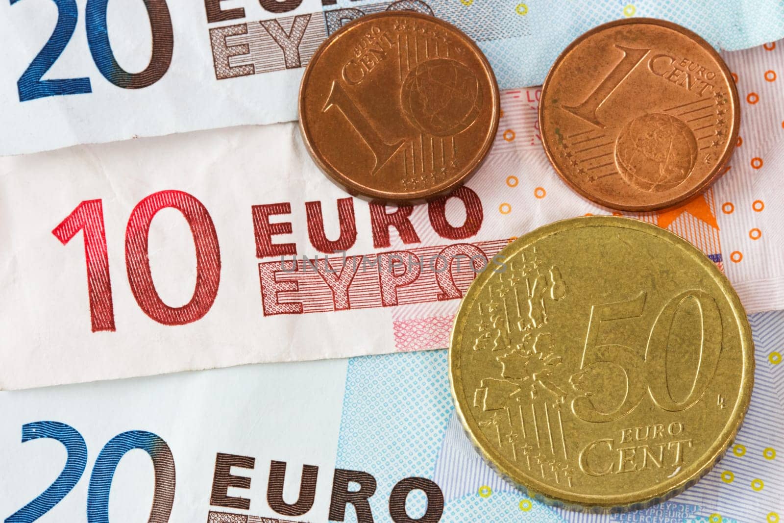 close up background of Euro banknotes and coins
