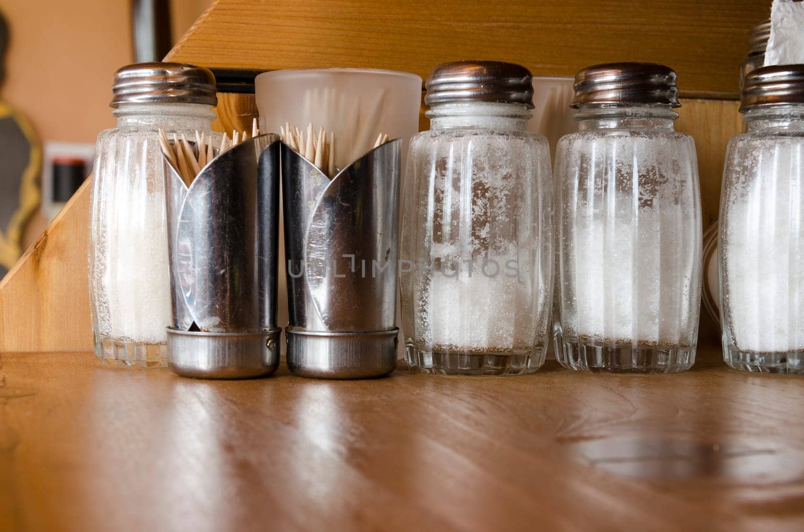 salt and toothpicks in a restaurant