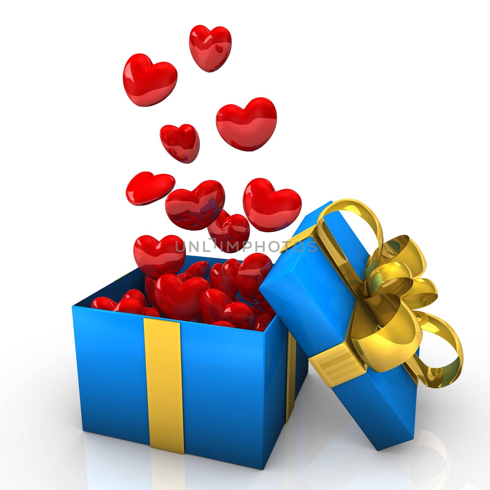 Opened cardboard box with golden ribbons and flying hearts.