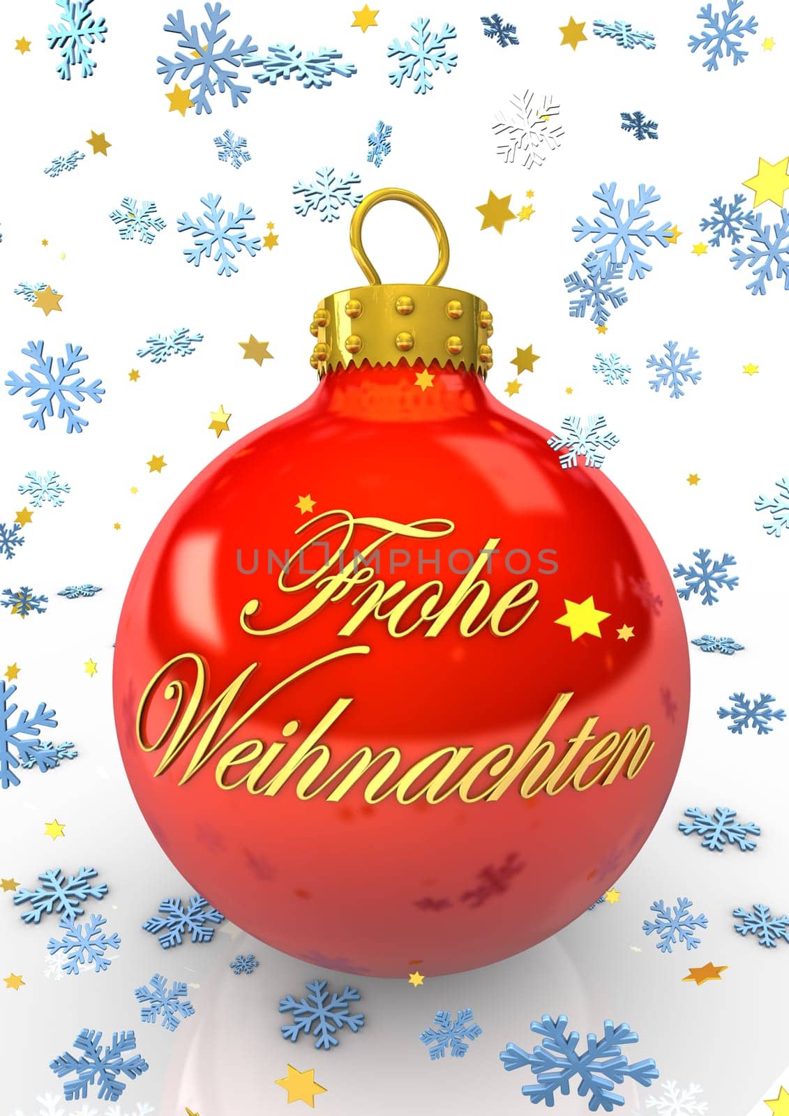 Red Christmas ball with the text "Merry Christmas"" and blue snowflakes."