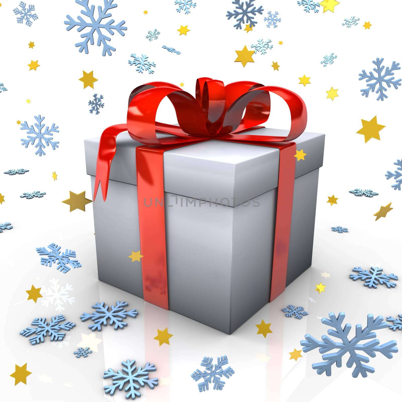 Gift with red ribbons, snowflakes and golden stars on the white background.