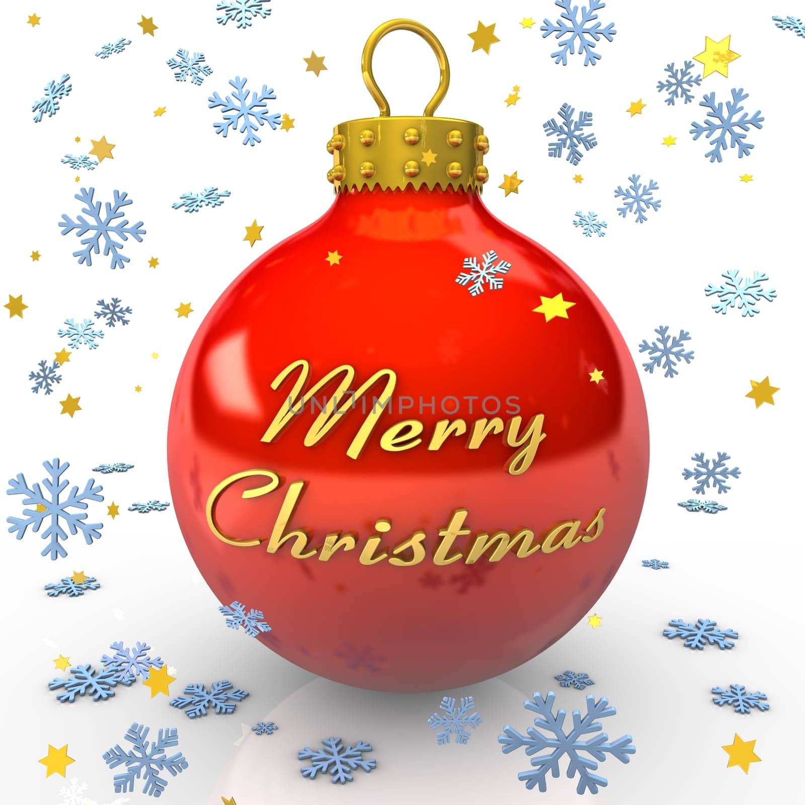 Red bauble with text "Merry Christmas"" , snowflakes and stars on the white background."
