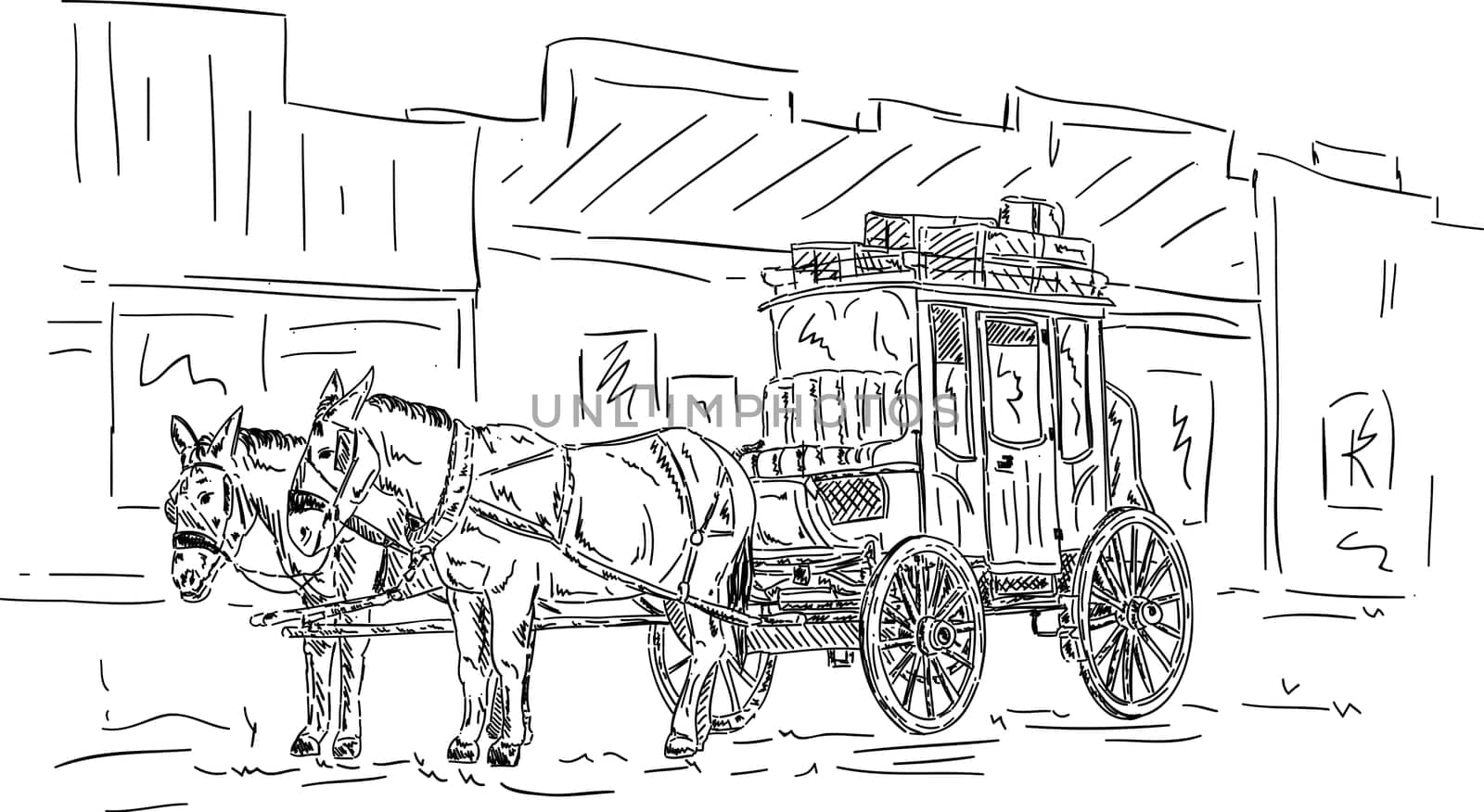 vector - Horse western carriage, hand draw isolated on background