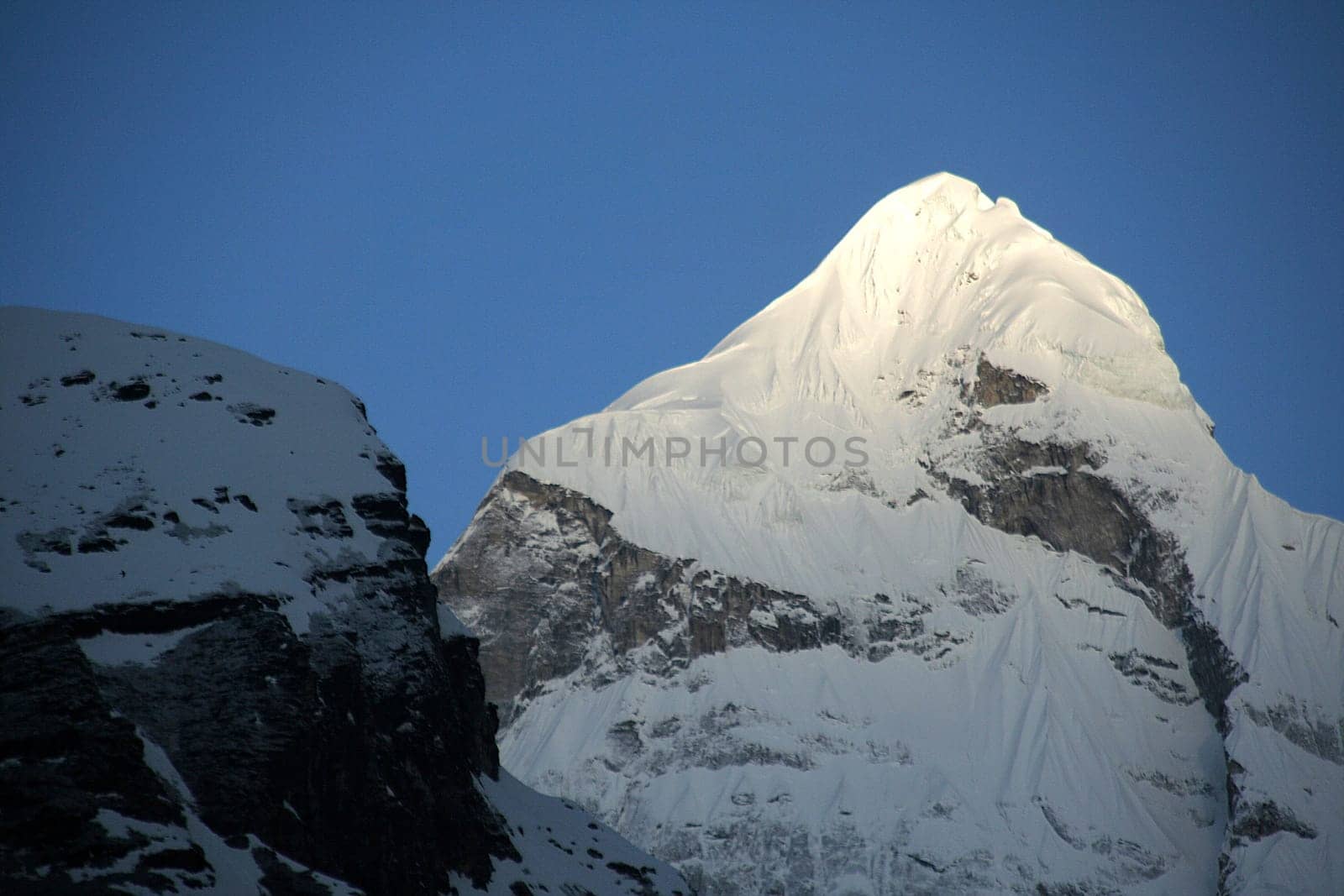 Touch of early sun rays on ice-clad peaks at Badrinath, Uttarakahnd, India, Asia