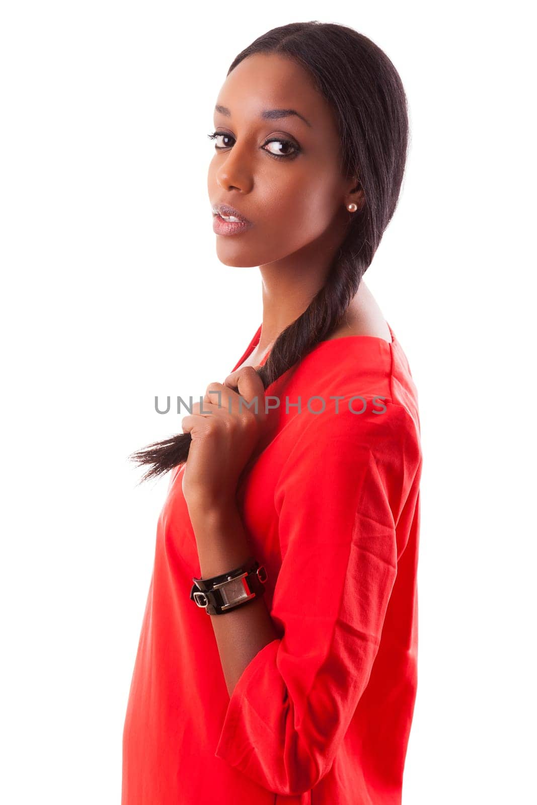Portrait of a beautiful young black woman in red dress, isolated on white background