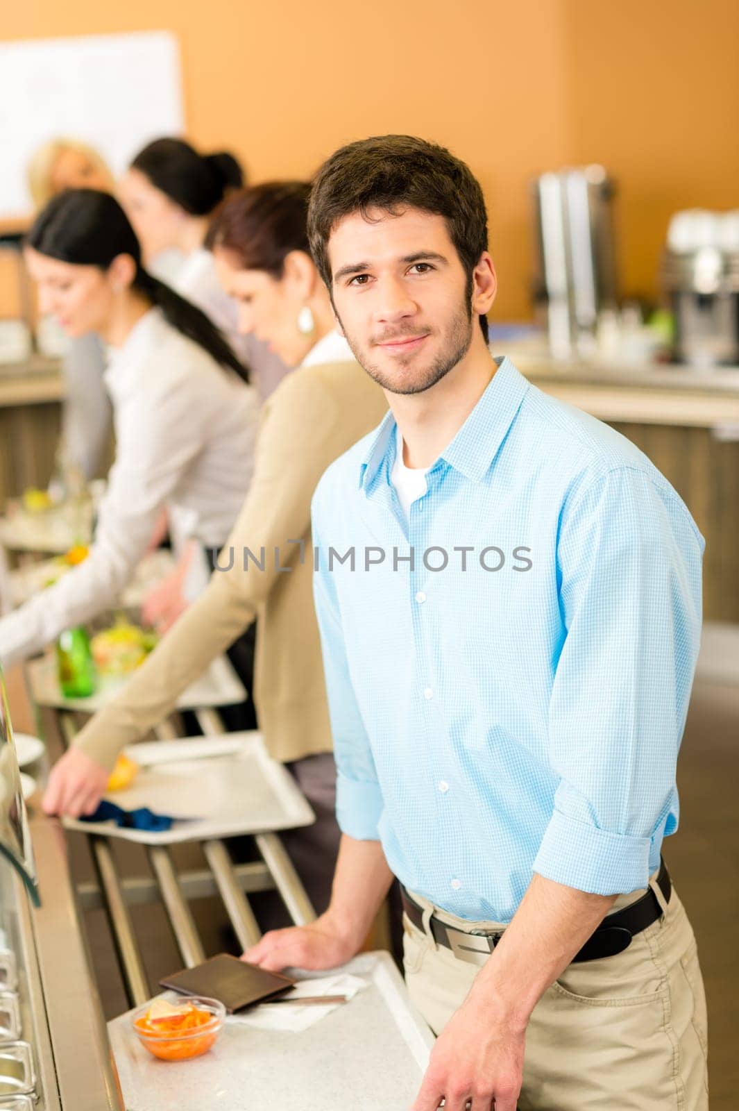 Business man take cafeteria lunch food carry serving tray