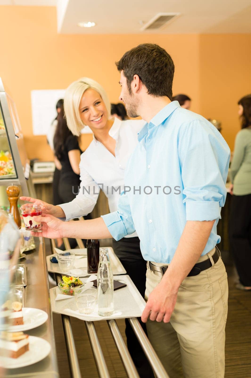 Office people at cafeteria chatting hold serving tray canteen self-service
