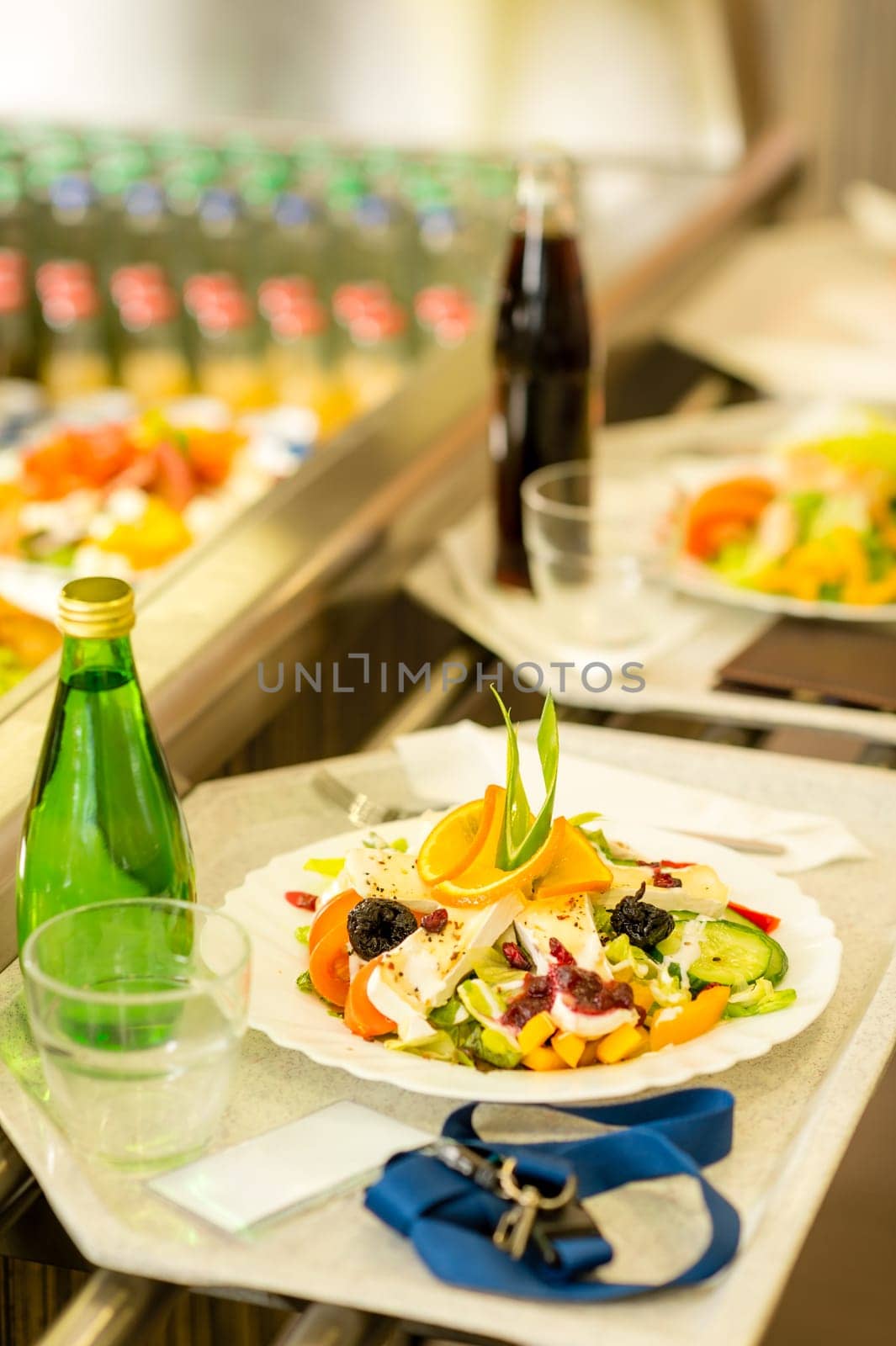 Canteen serving tray healthy fresh salad cafeteria lunch food self-service