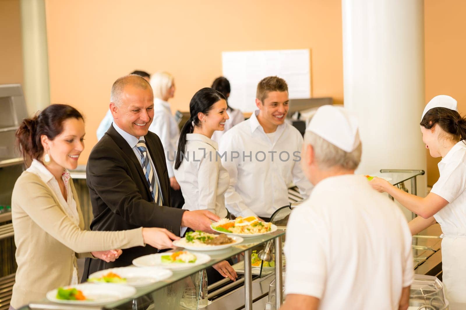Cook serve meals business woman take lunch in cafeteria