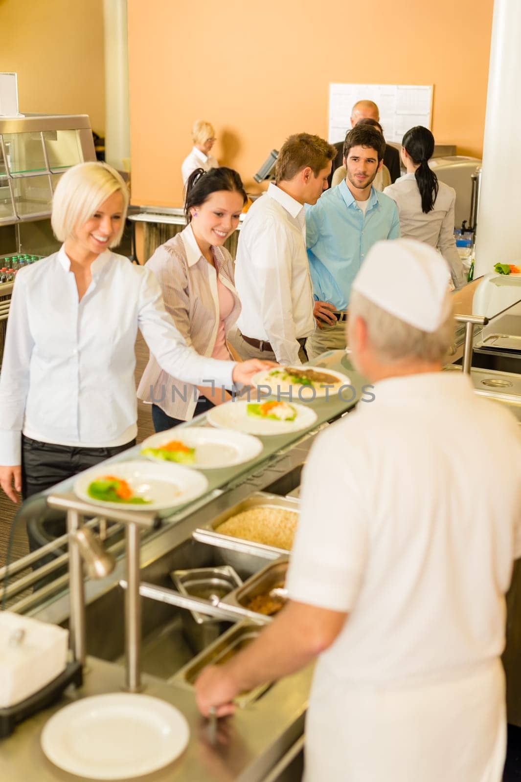 Business people take lunch meal in cafeteria display cabinet