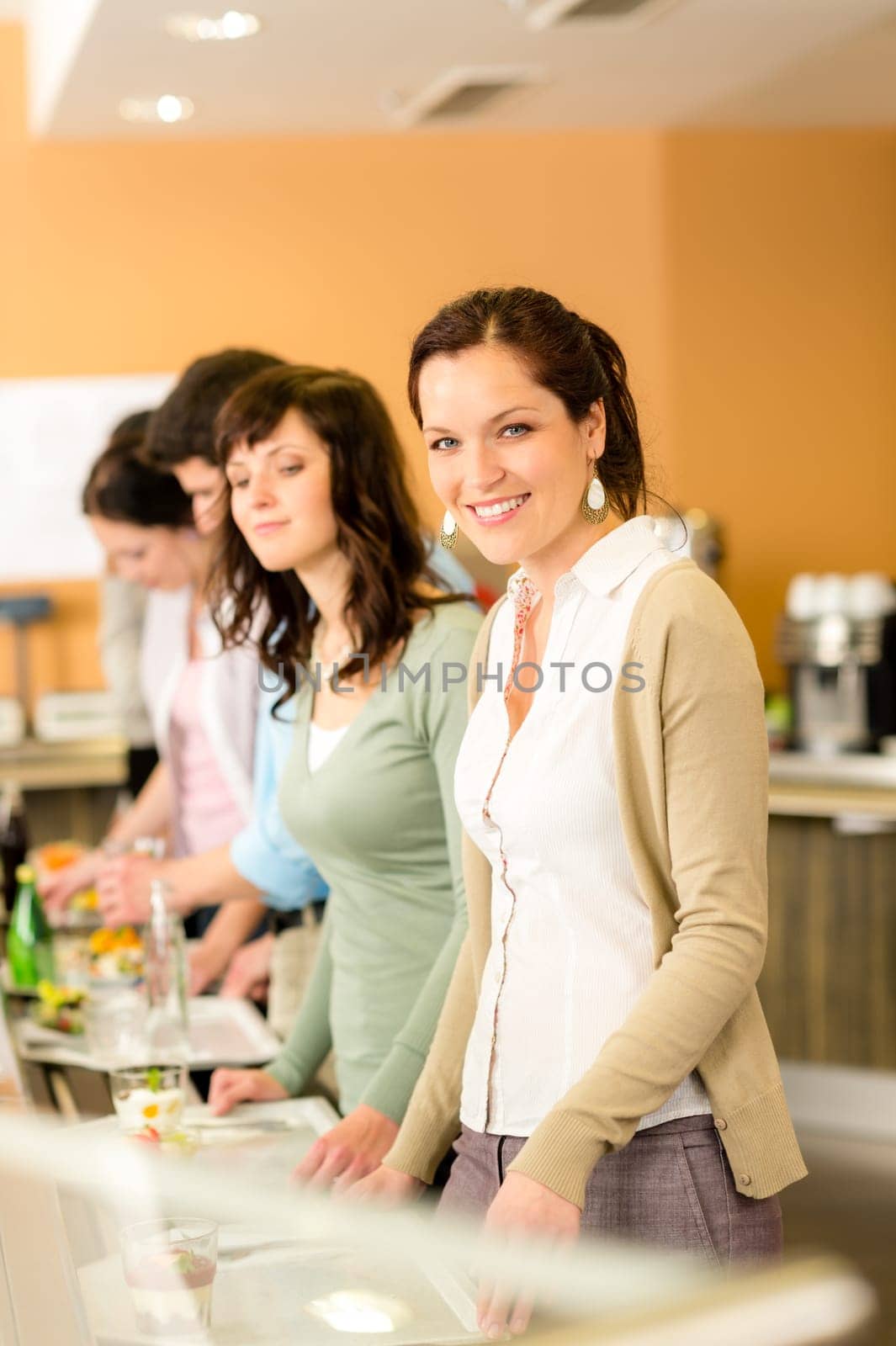 Business woman take cafeteria lunch smiling carry serving tray
