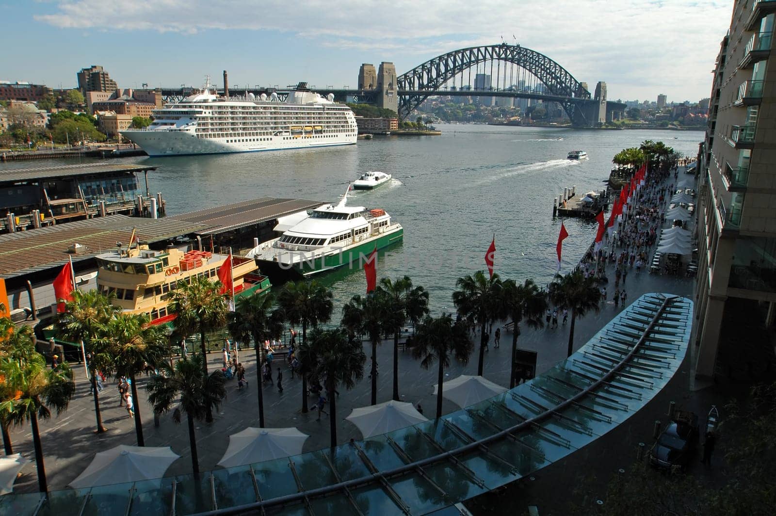 Sydney&#039 s Circular Quay, big white boat anchoring, Harbour bridge in background, no advertisment in picture