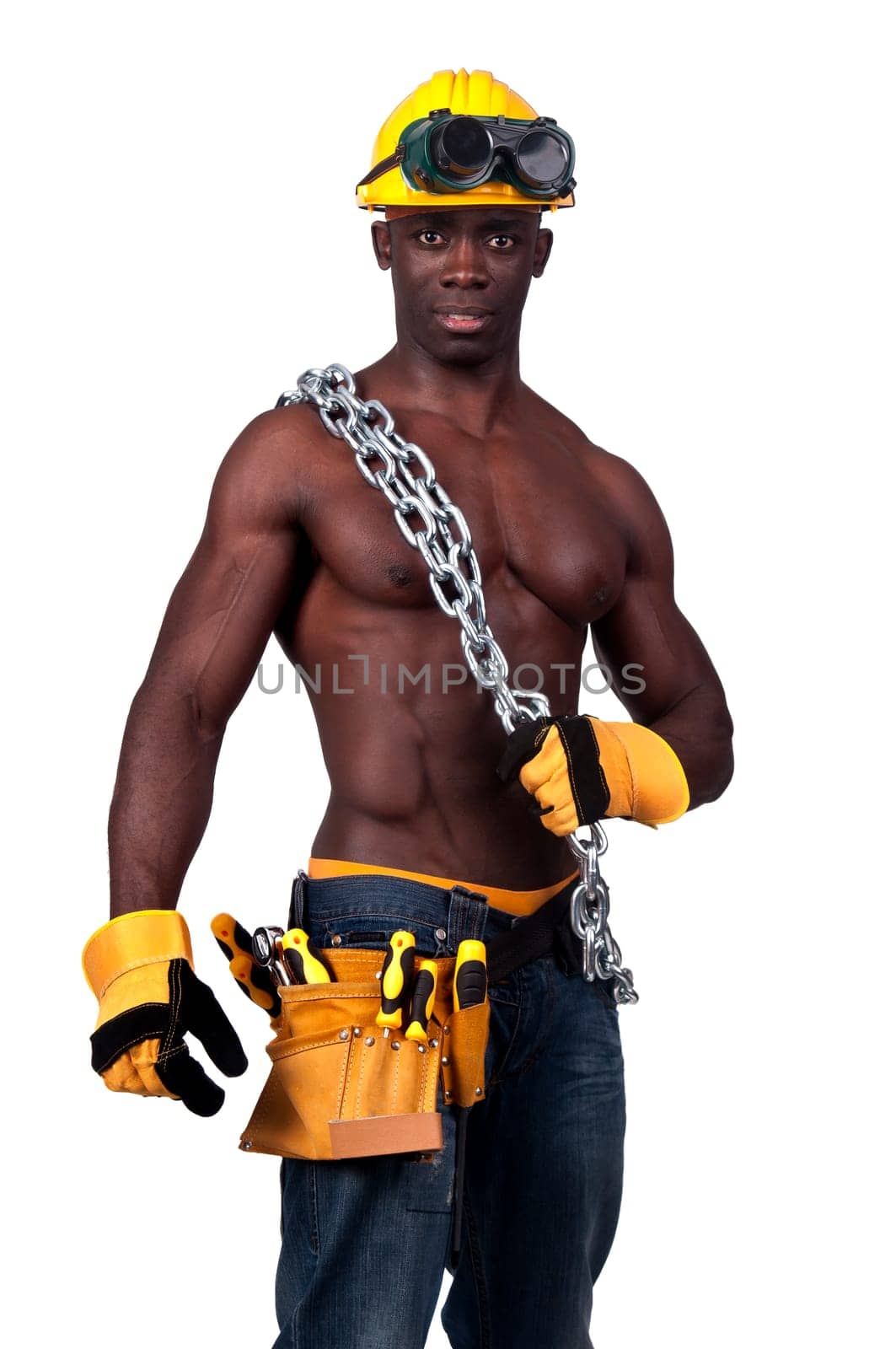 Strong build black construction worker with chains isolated in white
