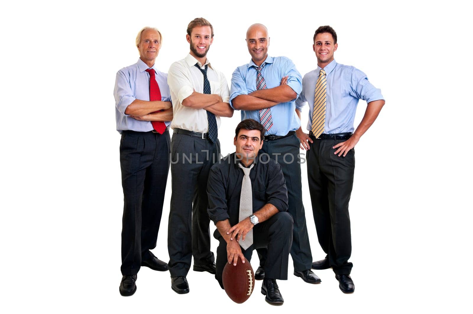 Businessmen team of rugby fans isolated in white