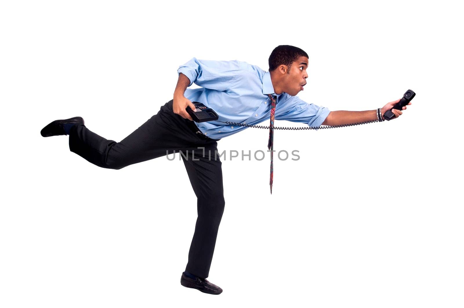 Businessman running with phone isolated in white
