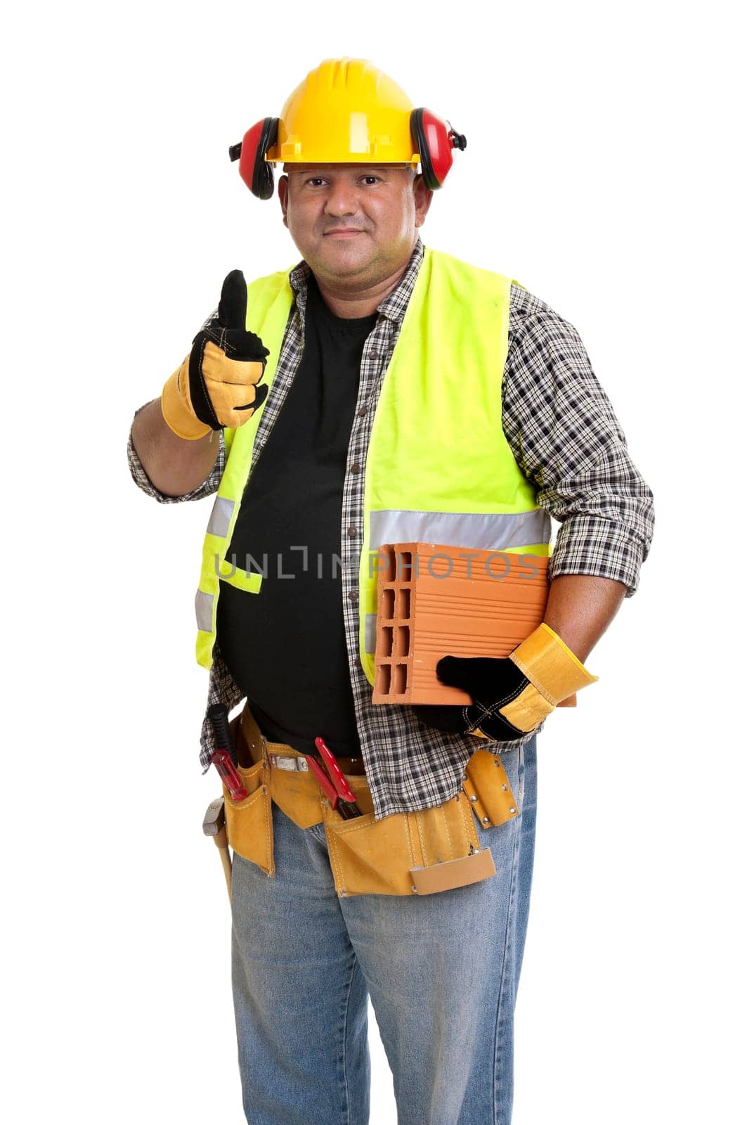 Plump construction worker isolated in white