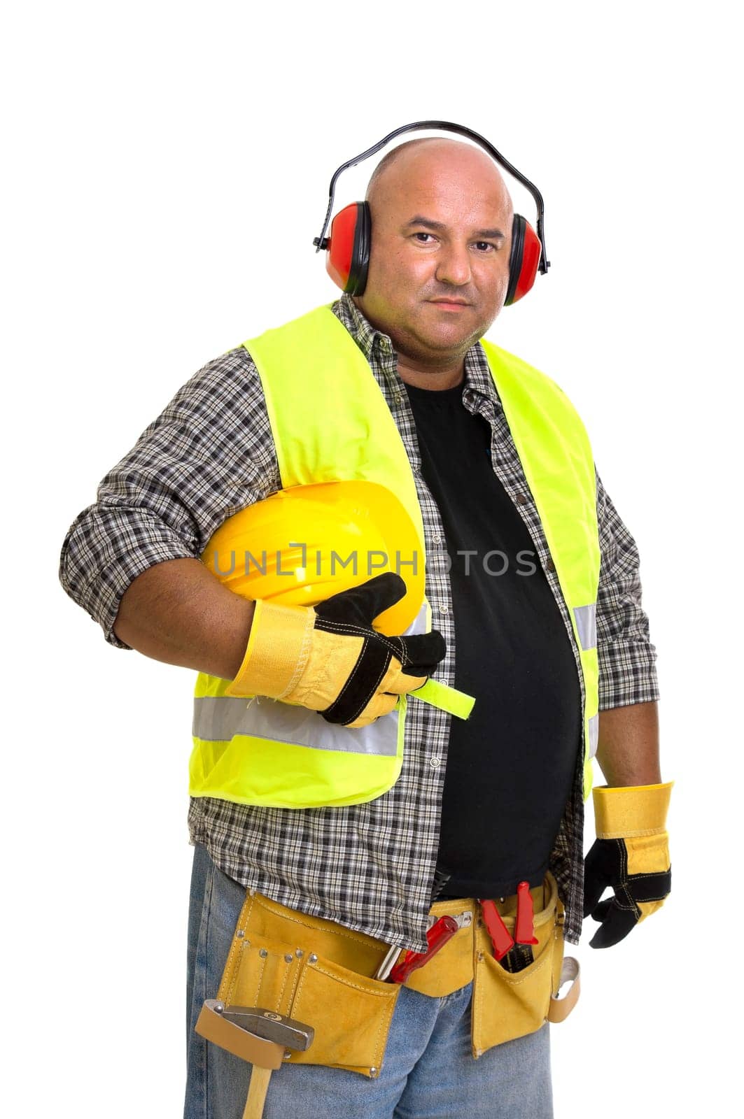 Plump construction worker isolated in white
