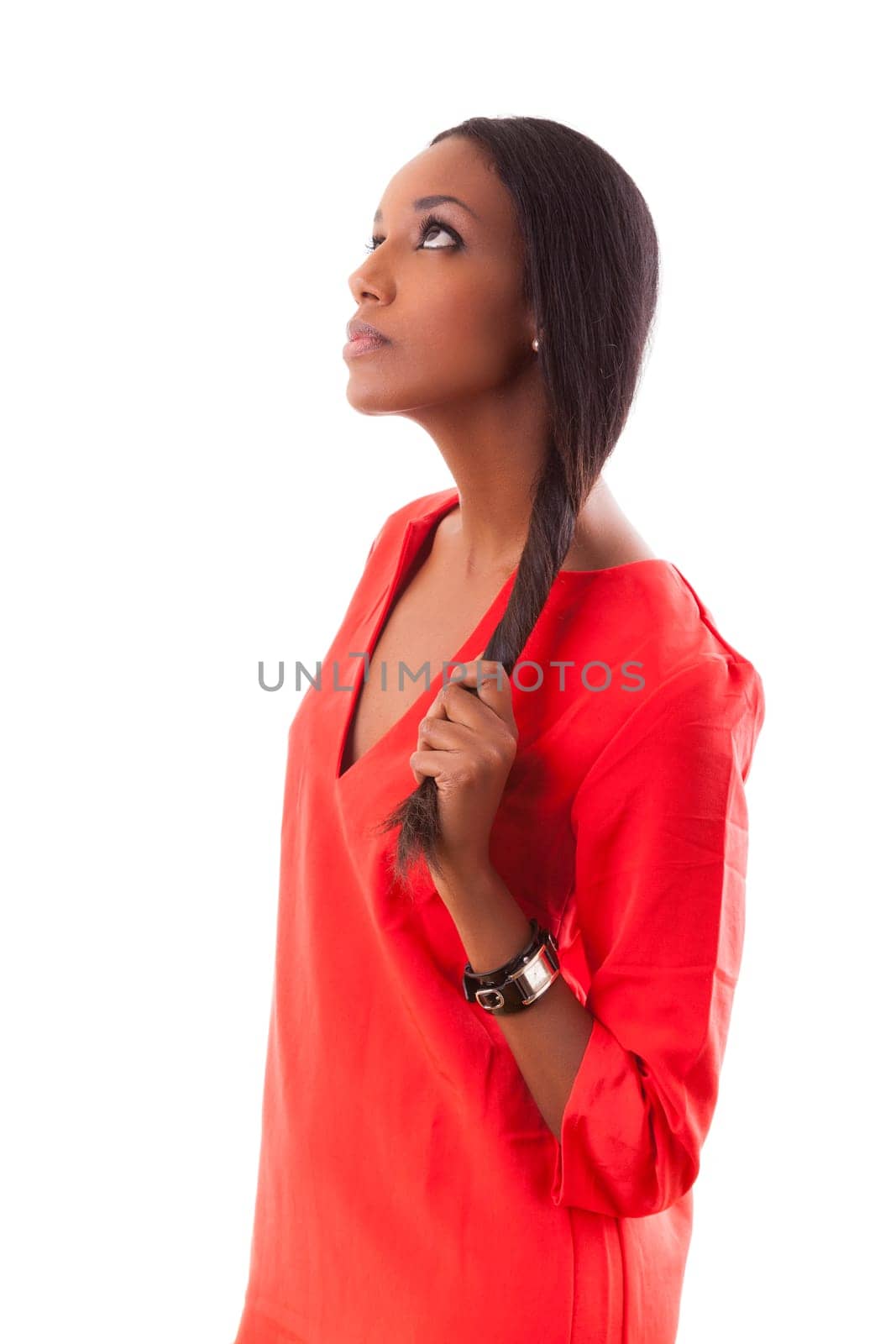 Portrait of a beautiful young black woman in red dress, isolated on white background